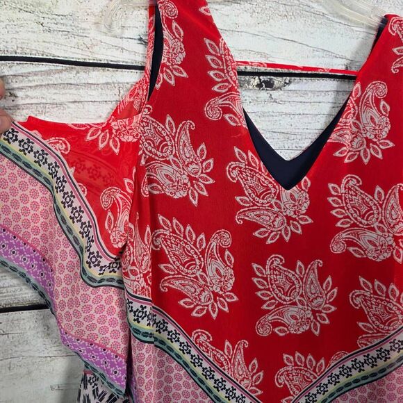 DR2 Coral Boho Print V-Neck Hanky Hem Tank M - Picture 10 of 11